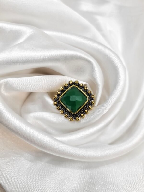 Krisha Oxidised Stone Ring - Dark Green