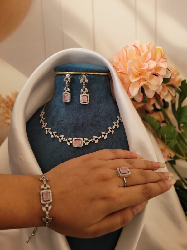 Sleek American Diamond Combo Set With Bracelet and Ring - Light Pink