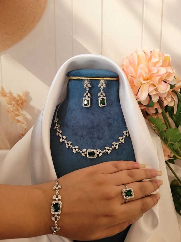 Sleek American Diamond Combo Set With Bracelet and Ring - Dark Green