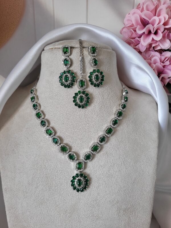 Shravya American Diamond Set with Mangtika - Dark Green