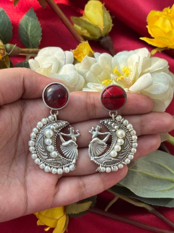 Moon Pearl Brass Earrings - Ruby