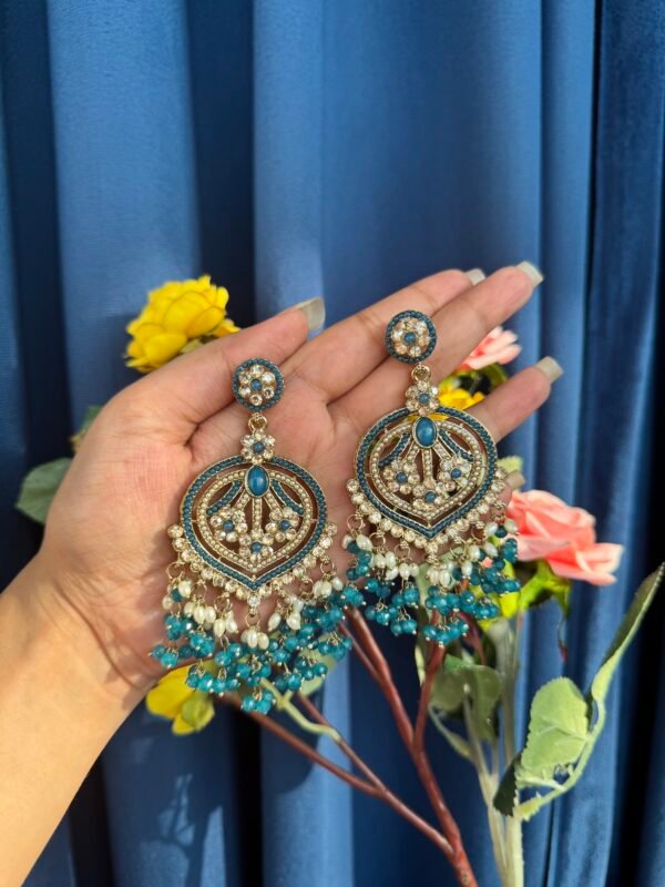 Meenal Kundan Earrings - Teal Blue