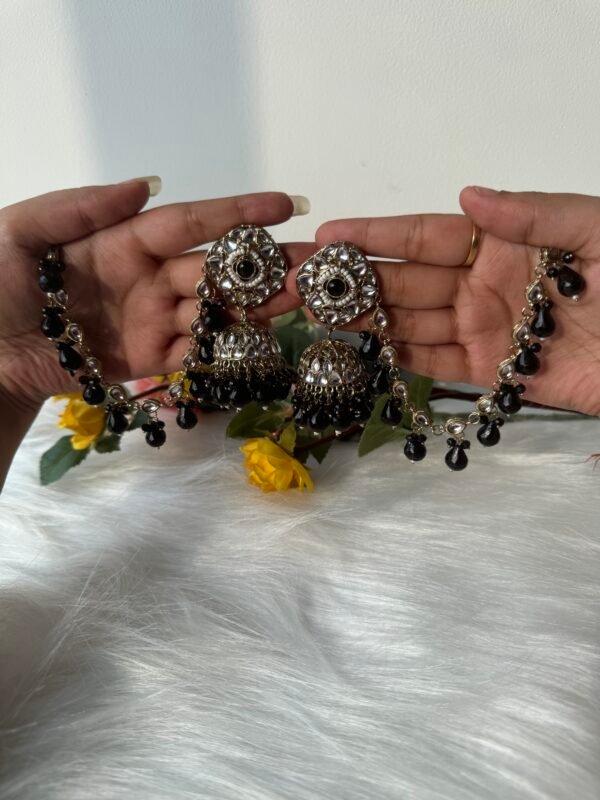 Sameera Kundan Earrings With Kaan Chain - Black