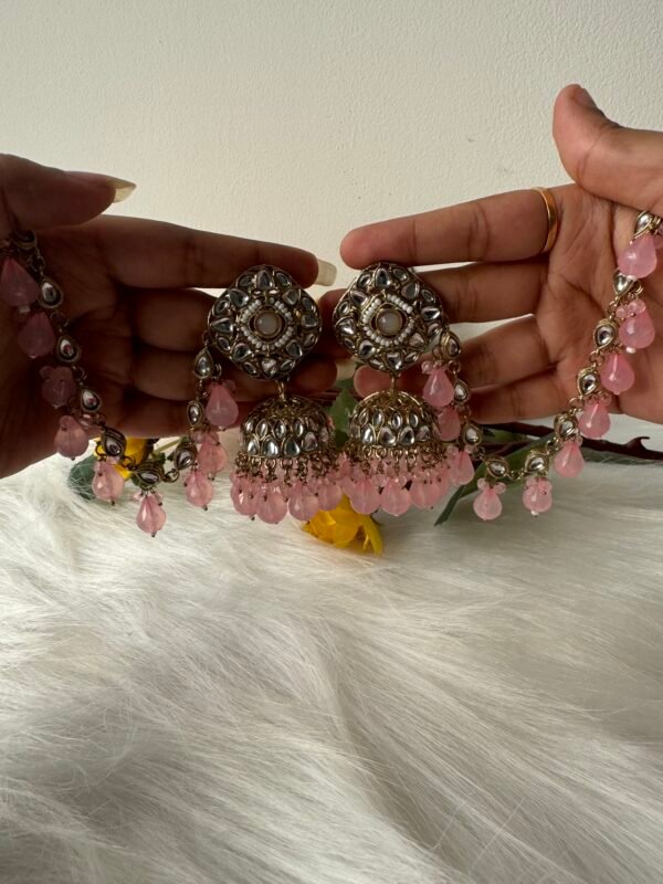 Sameera Kundan Earrings With Kaan Chain -Light Pink