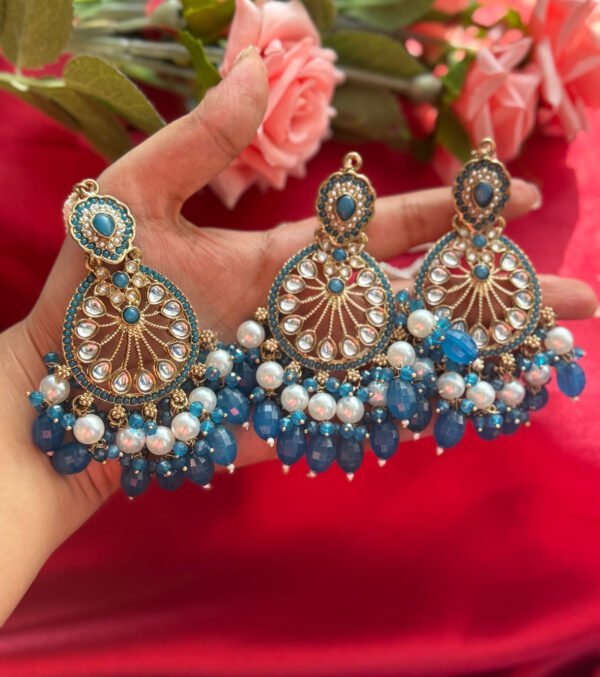 Diljeet Kundan Earrings With Mangtika and Kaan Chain- Teal Blue
