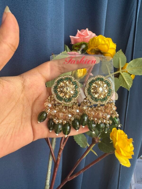 Shrishti Flower Kundan Studs - Dark Green