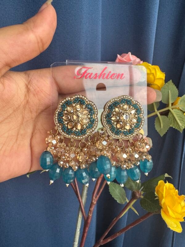 Shrishti Flower Kundan Studs - Teal Blue