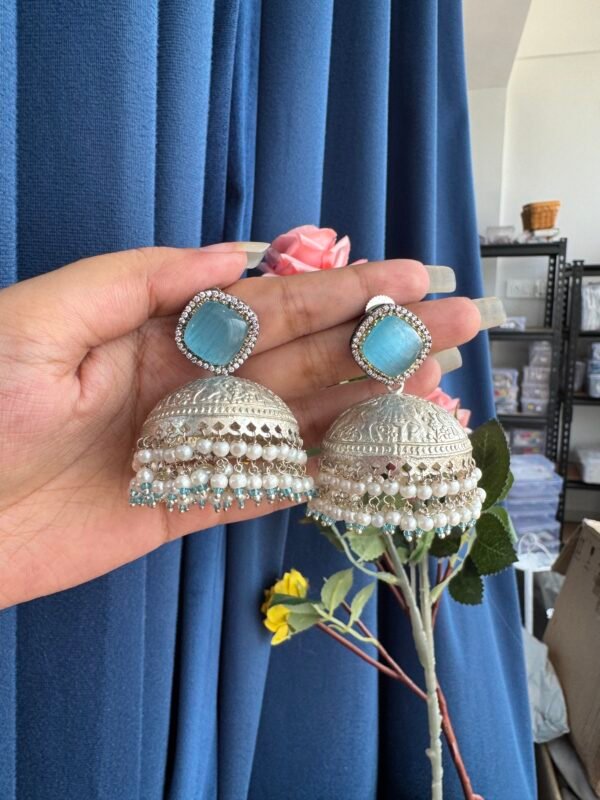Rubeena Brass Jhumka - Light Blue