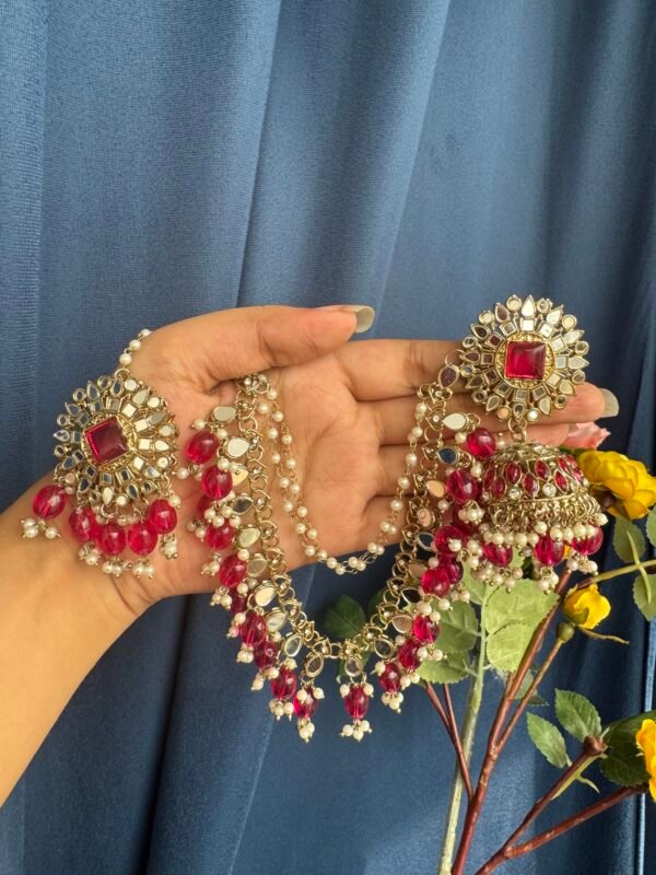 Nirali Kundan Earrings With Mangtika - Dark Pink