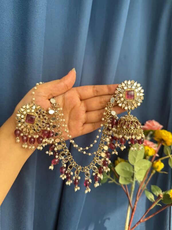 Nirali Kundan Earrings With Mangtika - Wine