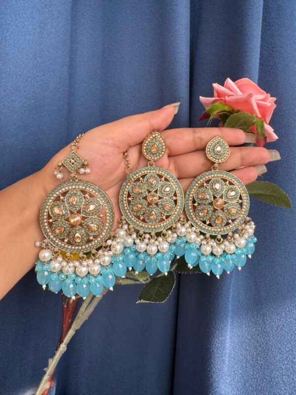 Bhavika Kundan Earrings and Mangtika- Light Blue