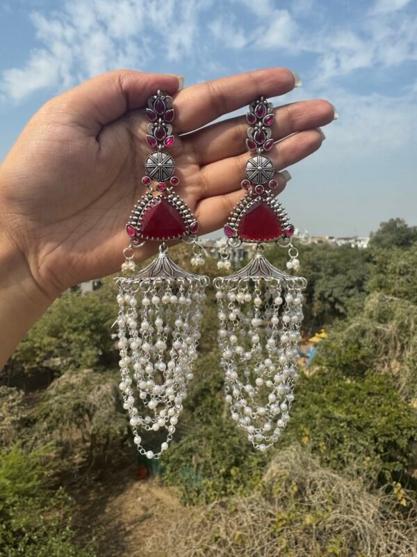 Veena Brass Unique Long Earrings - Ruby