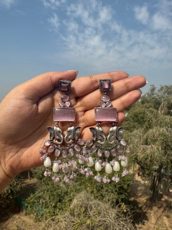 Ganesha Brass Earrings - Light Pink