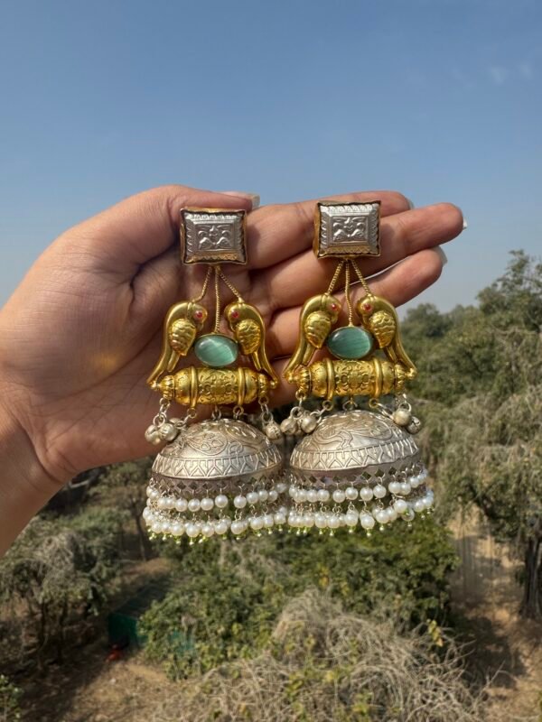 Radhika Golden Brass Jhumka - Mint Green