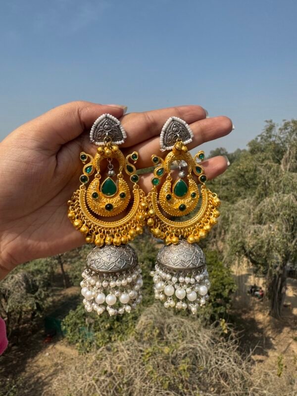 Malika Golden Brass Jhumka - Dark Green