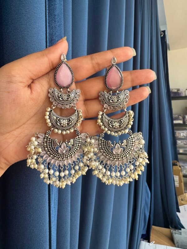 Vidisha Brass Long Stone Earrings - Light Pink