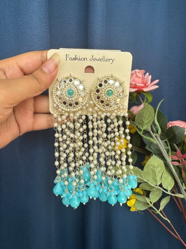 Maheera Long Kundan Earrings - Light Blue