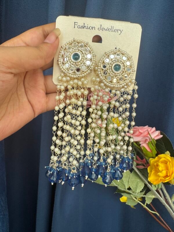 Maheera Long Kundan Earrings - Dark Blue