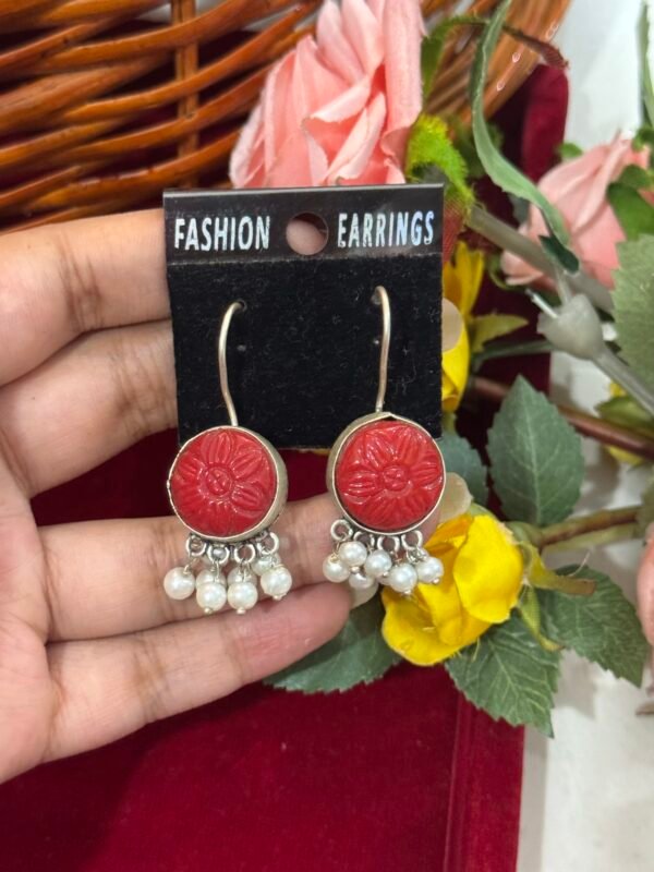 Daily Wear Carved Drop Earrings - Red