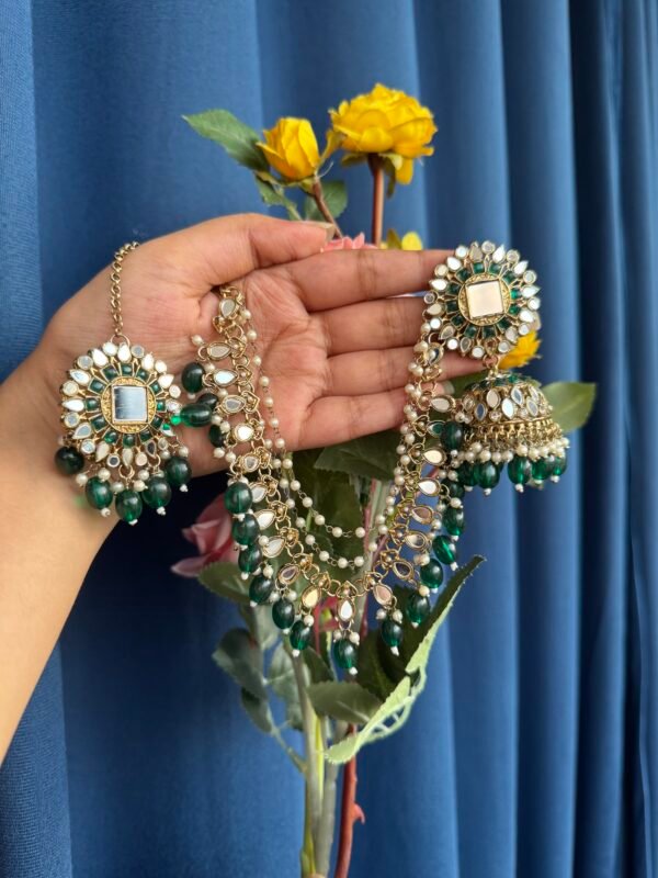 Nirali Kundan Earrings With Mangtika - Dark green