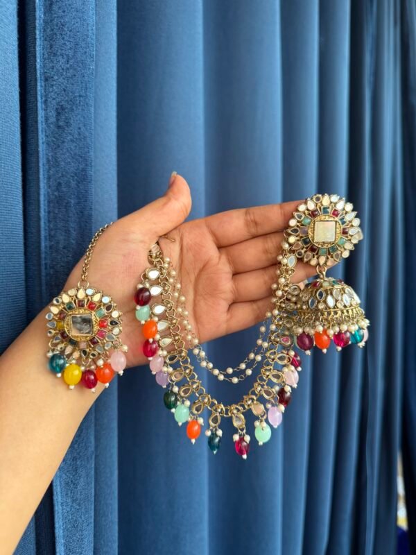 Nirali Kundan Earrings With Mangtika - Multi