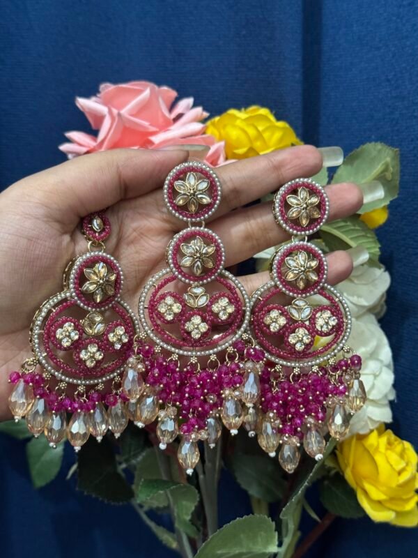 Yasmeen Premium Earrings With Mangtika - Dark Pink