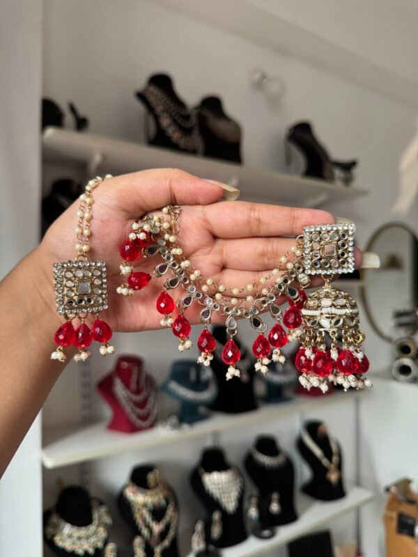 Pari Mirror Premium Earrings with Kaan Chain - Red