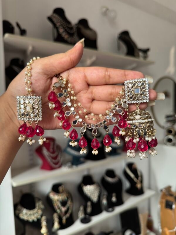 Pari Mirror Premium Earrings with Kaan Chain - Dark Pink