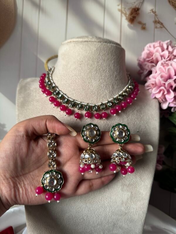 Anika Kundan Necklace with Mangtika - Dark Pink