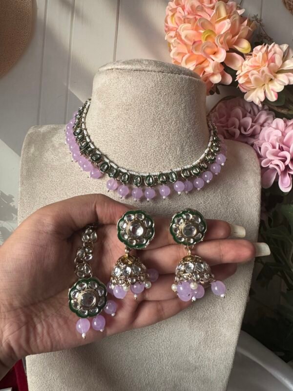 Anika Kundan Necklace with Mangtika - Lavender