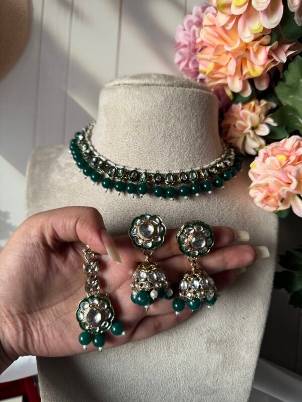 Anika Kundan Necklace with Mangtika - Dark Green