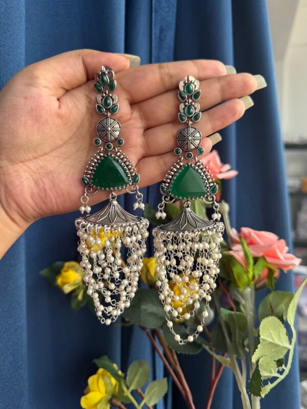 Veena Brass Unique Long Earrings - Green