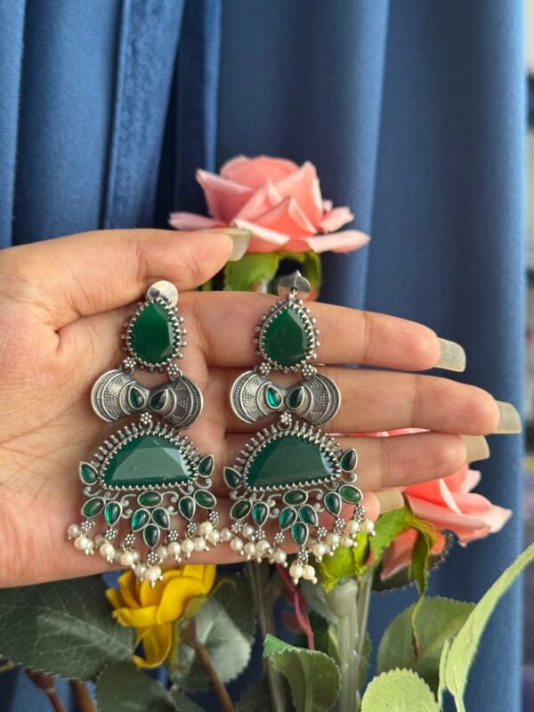 Monalisa Stone Brass Earrings - Dark Green