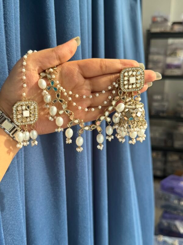 Heera Mirror Earrings with Mangtika and Kaan Chain - White