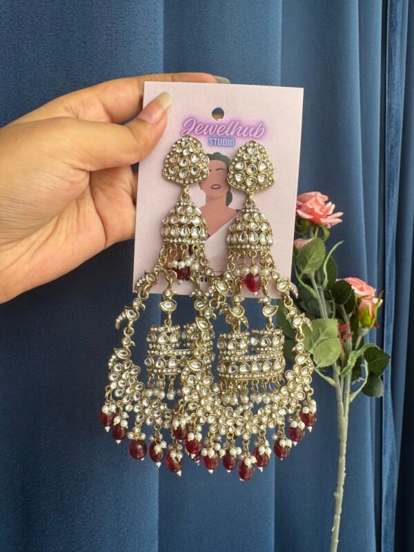 Long Sanchita Kundan Earrings - Red