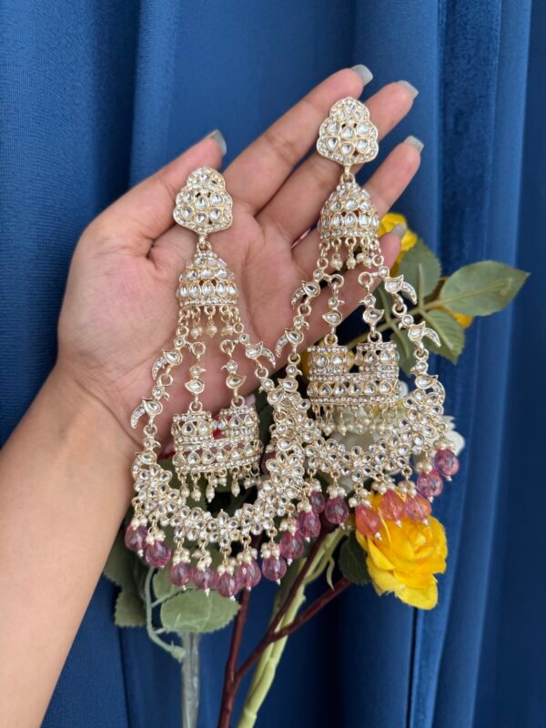 Long Sanchita Kundan Earrings - Onion Pink (Golden Polish)
