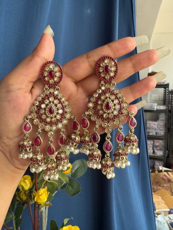 Noori Premium Jadau Kundan Earrings - Dark Pink