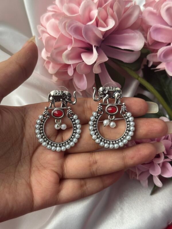 Stone Haathi Earrings - Red
